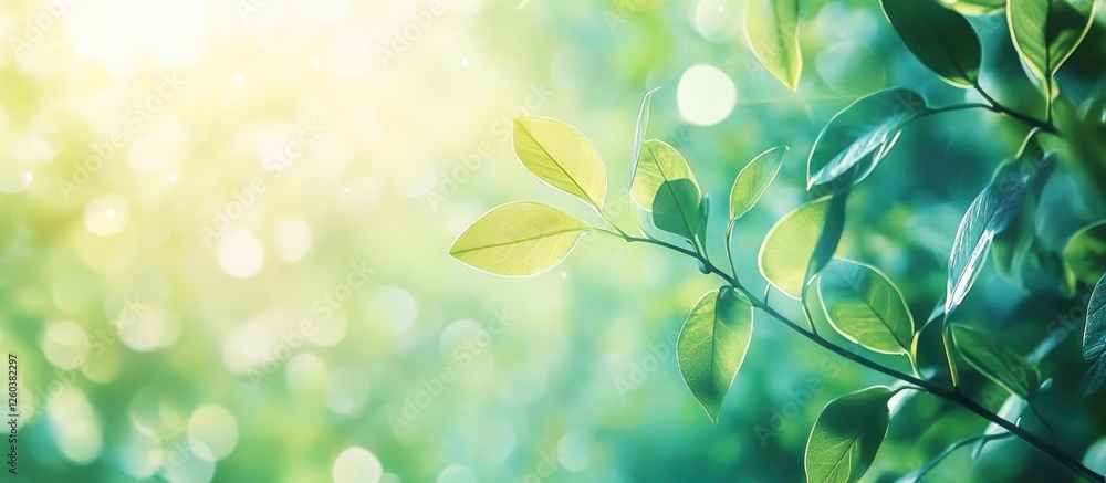 Poster fresh green leaf texture with backlight and soft bokeh effect for nature and environmental themes