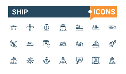 Ship icon collection. Icons sailboat, boat, sea, vessel, transportation, cargo and more. Outline symbol collection. Solid line editable stroke. Vector line and solid icons.