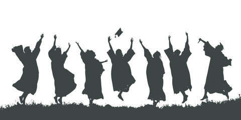 Collection of student silhouettes celebrating graduation happily. Suitable for designing graduation books, banners, magazines and other academic documents with the theme of graduation and achievement.