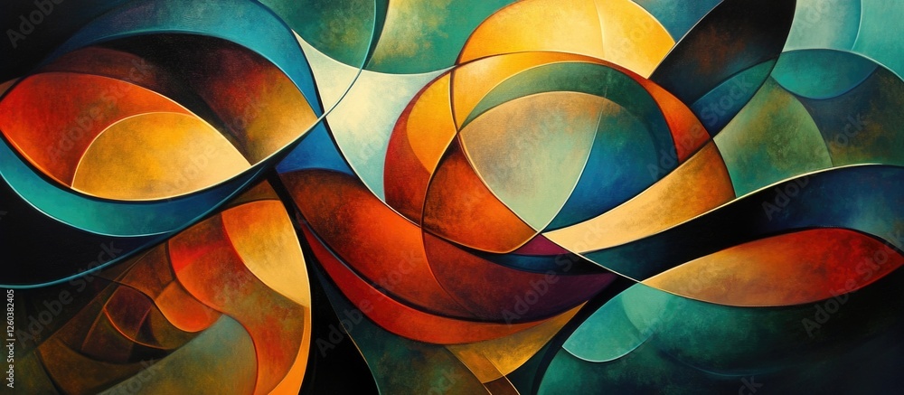 Poster vibrant abstract composition with dynamic shapes and warm color palette showcasing fluid movement an