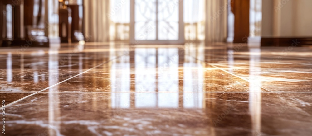 Poster elegant marble tiled floor with reflections and natural light in a classy interior setting showcasin