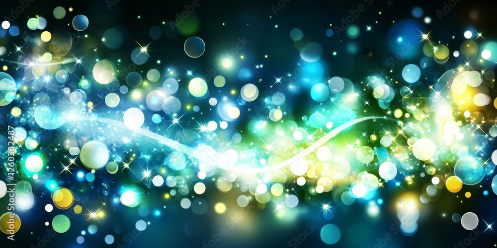 Poster luminous swirling wave of emerald and cyan light with scattered light particles on a dark background