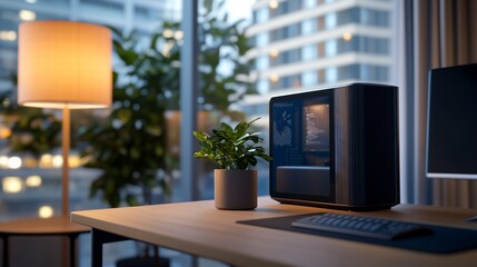 Modern home office desk, 3D printer, city view