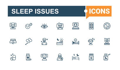 Sleep Issues collection. Includes icons for bullying, bedding, behaviour, dream, deprivation, man, trouble and more. Isolated icon. Solid line editable stroke. Vector line and solid icons.