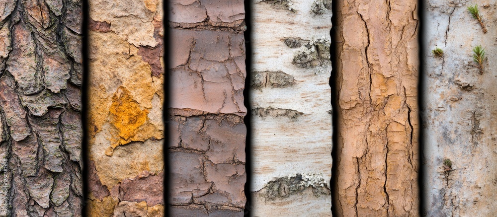 Poster varied bark textures from oak pine palm beech birch and spruce displaying natural patterns and color