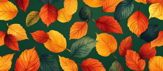 Obraz premium Vibrant autumn leaves in shades of red, orange, and yellow against a green background perfect for seasonal designs and themes.