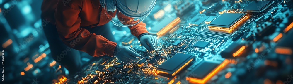 Poster realistic depiction of an electronic technician using multimeter probes to test a microchip on a cir