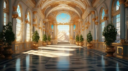 Fototapeta premium Grand Hall with Arched Windows and Elegant Design Showcasing Natural Light and Decorative Elements in A Majestic Setting, Grand Hall of a Gilded Palace
