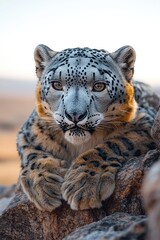 Obraz premium Majestic Snow Leopard Resting on Rocky Outcrop
