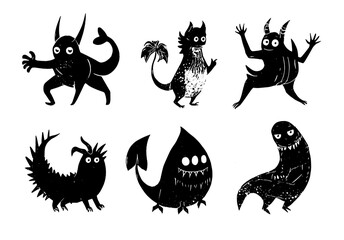 Linocut style cute monster set, funny vector silhouettes © Flying Fred