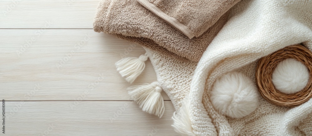 Poster soft towel texture with cozy decor elements on wooden surface top view showcasing relaxation and com