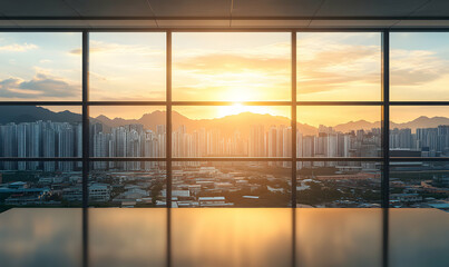 Stunning sunset cityscape viewed from a modern office, showcasing a panoramic view of city buildings and mountains.