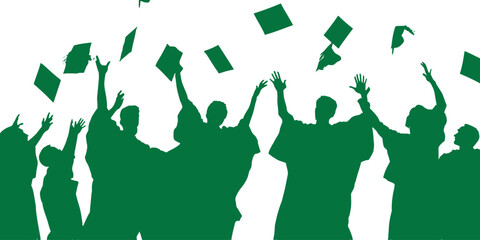 Silhouette illustration of a crowd of happy graduating students, jumping and throwing hats. transparent background, ideal for the design of graduation books, banners, magazines and academic documents.