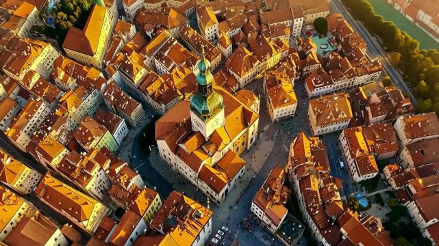 Vibrant aerial view of a historic town square surrounded by terracotta rooftops during golden hour