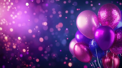 Glittering Neon Pink and Violet Background with Balloons and Sequins Ideal for Party Invitations and Celebrations Editable Copy Space