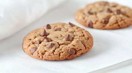 Close up of chocolate chip cookies on parchment paper