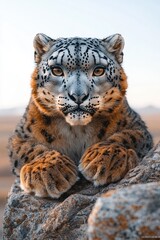 Fototapeta premium Majestic Snow Leopard Resting on a Rocky Outcrop