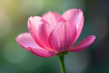 Fototapeta premium Delicate pink petals unfolding on a green stem, delicate, bloom