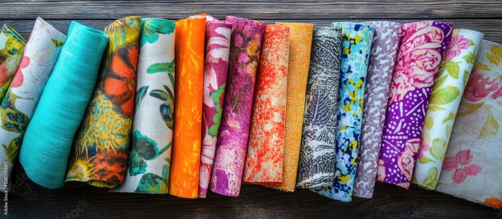 Poster colorful assorted textile fabrics arranged neatly for crafting and design projects showcasing vibran