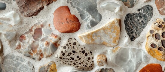 Close-up of a stone texture featuring various colors and shapes creating an organic and natural pattern for design and decor use.