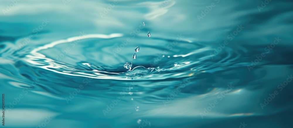 Poster close-up of a water drop creating ripples on the surface of vibrant blue water with smooth texture a