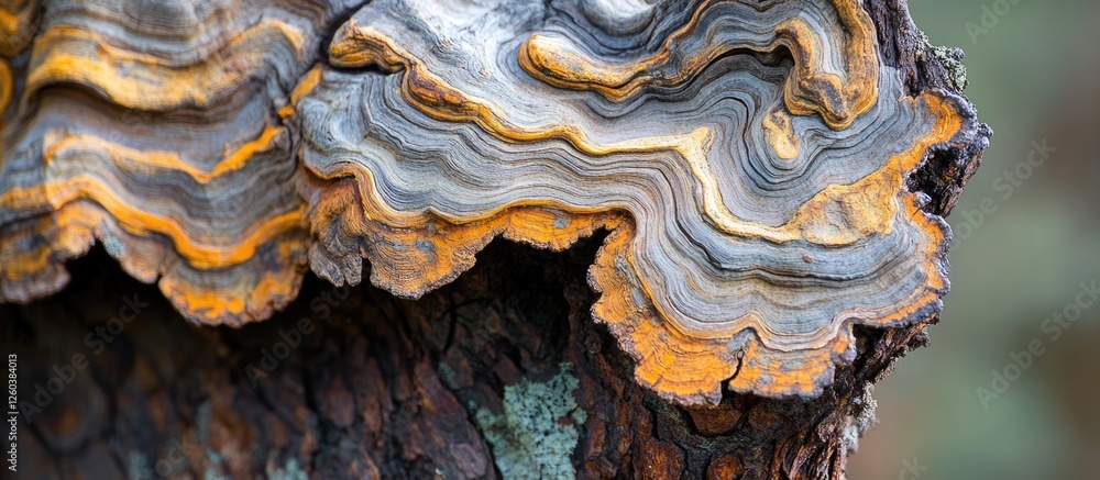 Poster bark texture of an ancient oak tree with multicolored fungi showcasing intricate natural patterns an
