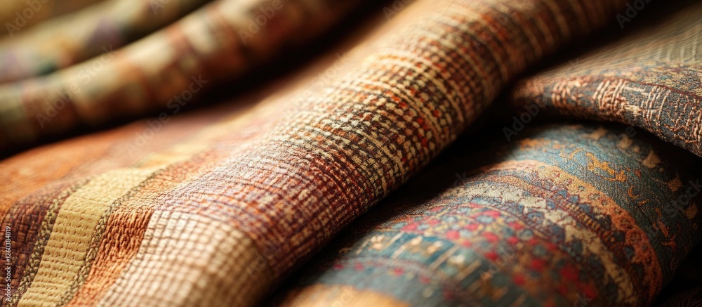 Poster woven textile fabric close-up showcasing intricate patterns and textures in rich earthy tones for de