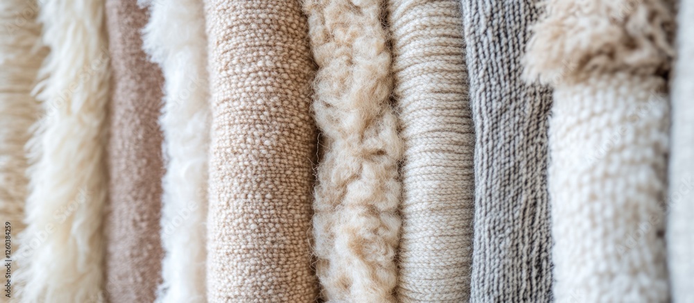 Poster natural textile fibers in a variety of textures and colors displayed in rows for selection and inspi