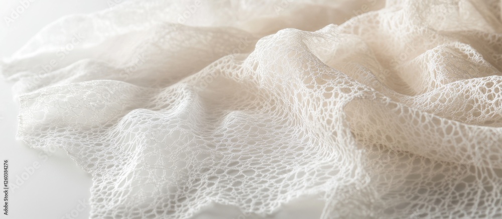 Poster delicate lace fabric texture on white background showcasing intricate patterns of yarn and thread in