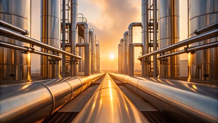 Industrial Landscape with Metallic Pipes at Sunset in a Factory Environment