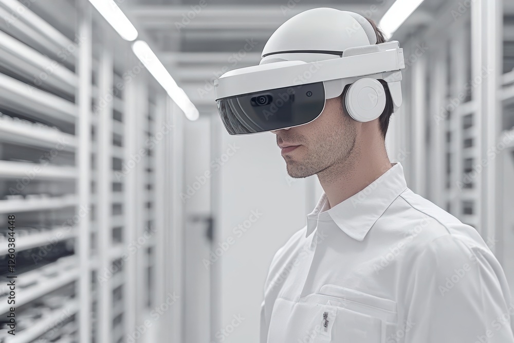 Poster man using virtual reality headset in modern technology environment
