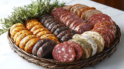 Fototapeta premium A beautifully arranged selection of various textured sausages garnished with fresh herbs, showcasing the artistry of culinary presentation for gourmet enthusiasts.