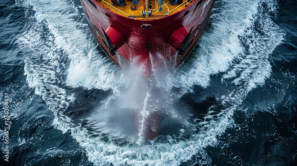 Aufkleber a large red vessel powers through the ocean, leaving a wake of frothy white water behind. the vessel
