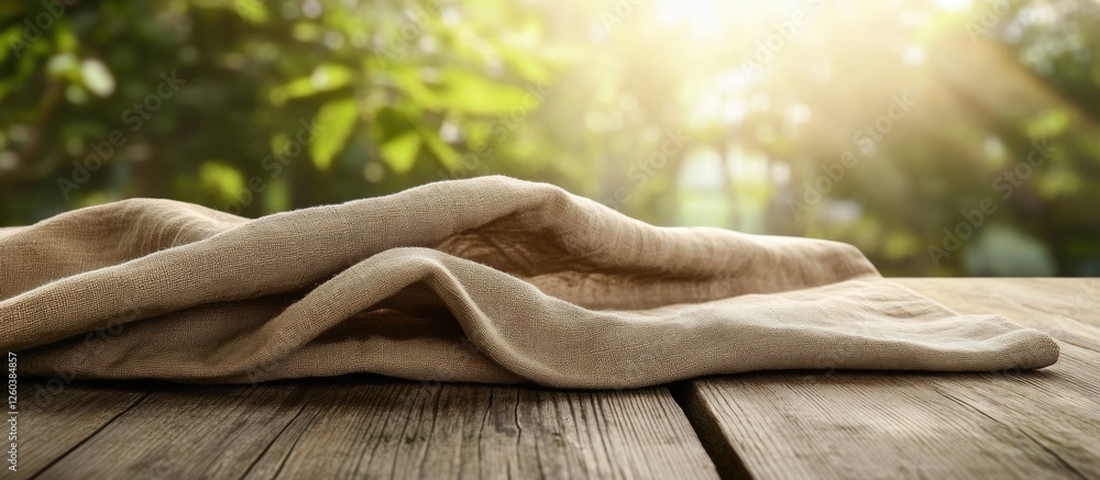 Poster textured khaki canvas tablecloth fabric draped on wooden table with natural sunlight creating a warm