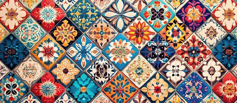 Poster colorful decorative tiles with intricate patterns and designs creating a vibrant layered effect suit