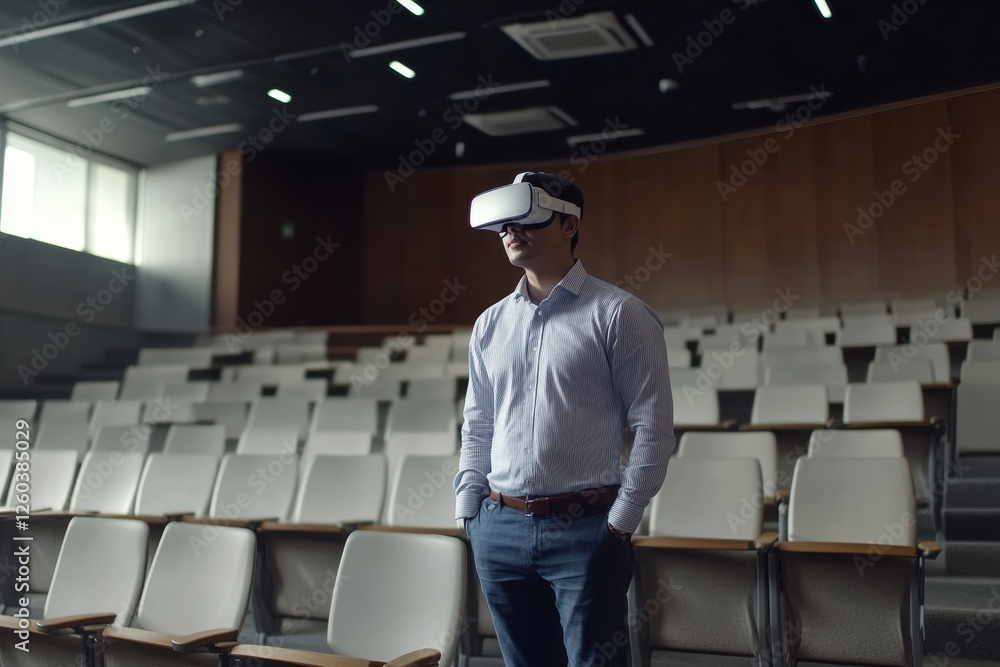 Poster man with virtual reality headset in empty auditorium setting