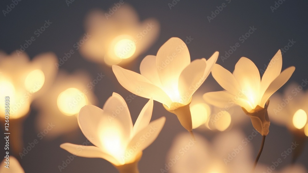 Poster Close-up of a group of white flowers with long, pointed petals. the flowers are arranged in a cluster, with some overlapping each other. the petals are slightly curved and have a soft, ethereal glow.