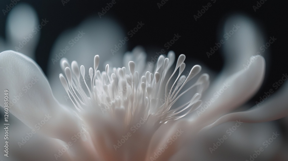 Aufkleber close-up of a white flower with a black background. the flower has multiple petals that are arranged