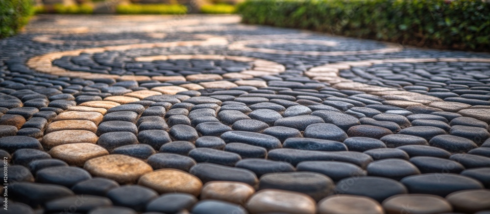 Poster pebble stone pathway texture with intricate patterns and natural colors in a serene outdoor setting
