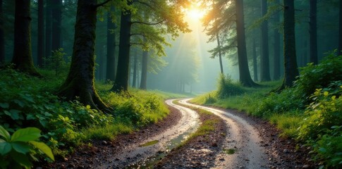 Fototapeta premium Forest landscape with waterlogged earth and puddles on a winding road, winding roads, waterlogged earth