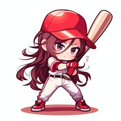 Adorable Anime Girl Baseball Player Cartoon Manga Style Bat Red Cap Determined Expression