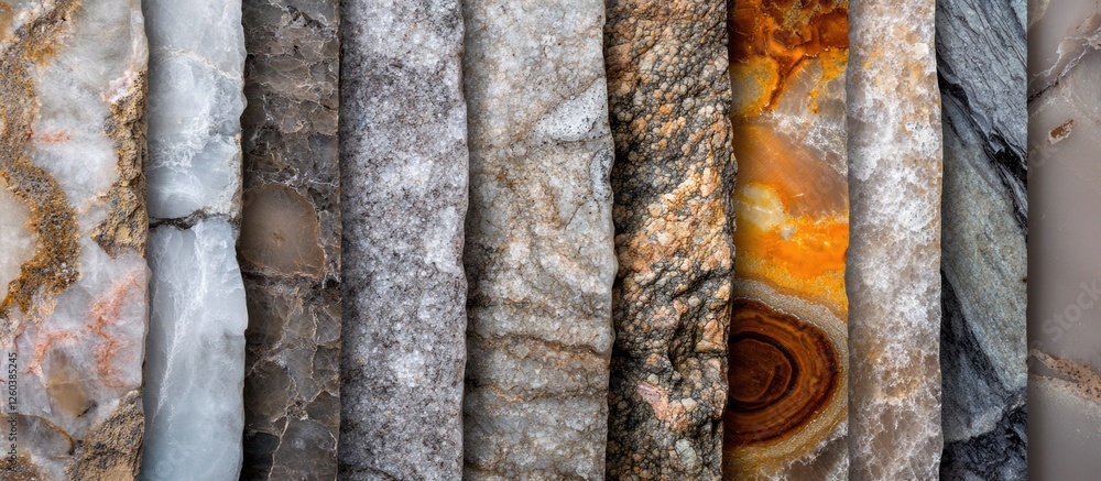 Poster detailed close-up of various stone textures showcasing natural patterns and colors for artistic or a
