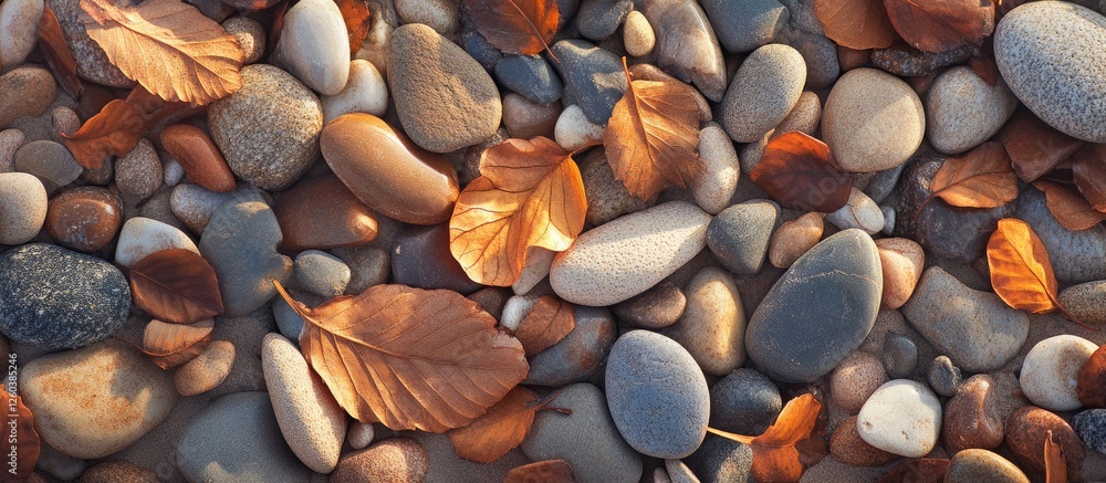 Poster pebbles on the beach covered with dry autumn leaves creating a serene and textured natural backgroun