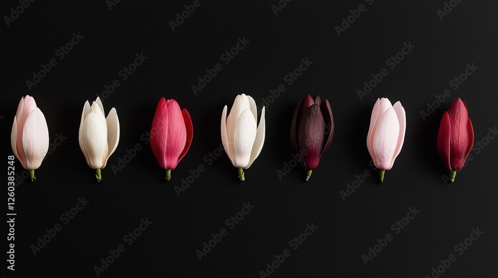 Poster row of six pink and white tulips arranged in a line on a black background. the tulips are of differe