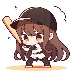 Anime Girl Baseball Player Cute Chibi Style Brown Hair Bat Cartoon Illustration