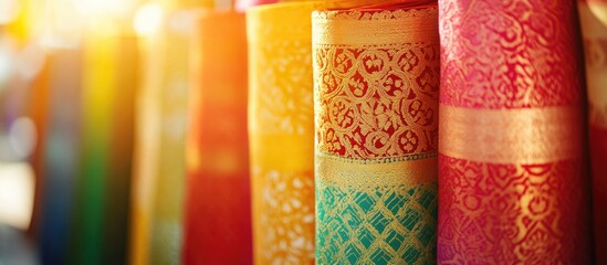 Vibrant Thai fabrics displayed in a market showcasing intricate patterns and colors under warm sunlight