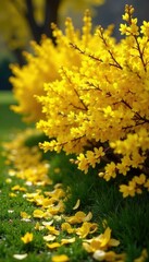 Forsythia shrubs covered in yellow blossoms and fallen petals, spring, branches, green