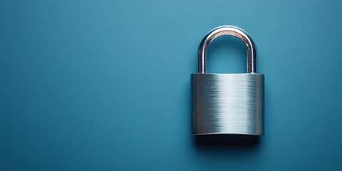 Naklejka premium Criminal Law Restrictions concept. Metal padlock on a blue surface, symbolizing security and protection.