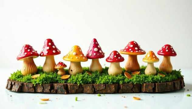 Frische Pilze in einer Reihe auf einem Teppich aus Rindenholz, teppich, gef?llt, herbst