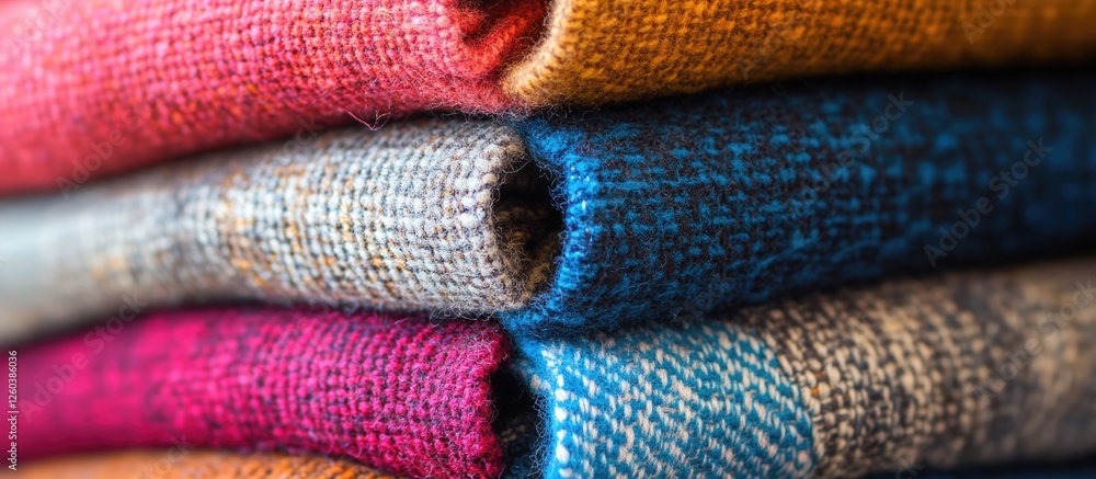 Aufkleber close up of vibrant woven wool fabric textures in a stacked arrangement with ample empty space for c
